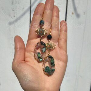 Green Faux Geode Sunburst Dangle Earrings Celestial Boho Jewelry